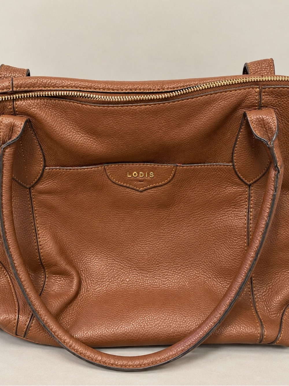 Lodis Brown Pebbled Leather Tote Shoulder Bag Gold Hardware
